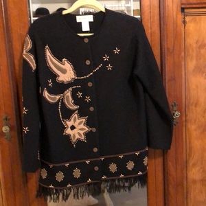 Susan Bristol boho hand embroidered boiled wool cardigan, size M